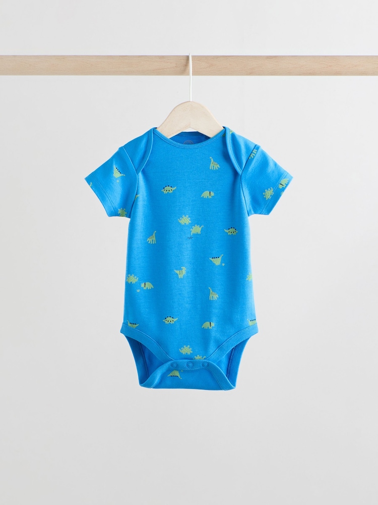 Blue/Green/Red Dinosaur Print Short Sleeve Baby Bodysuits 5 Pack - Image 6 of 13