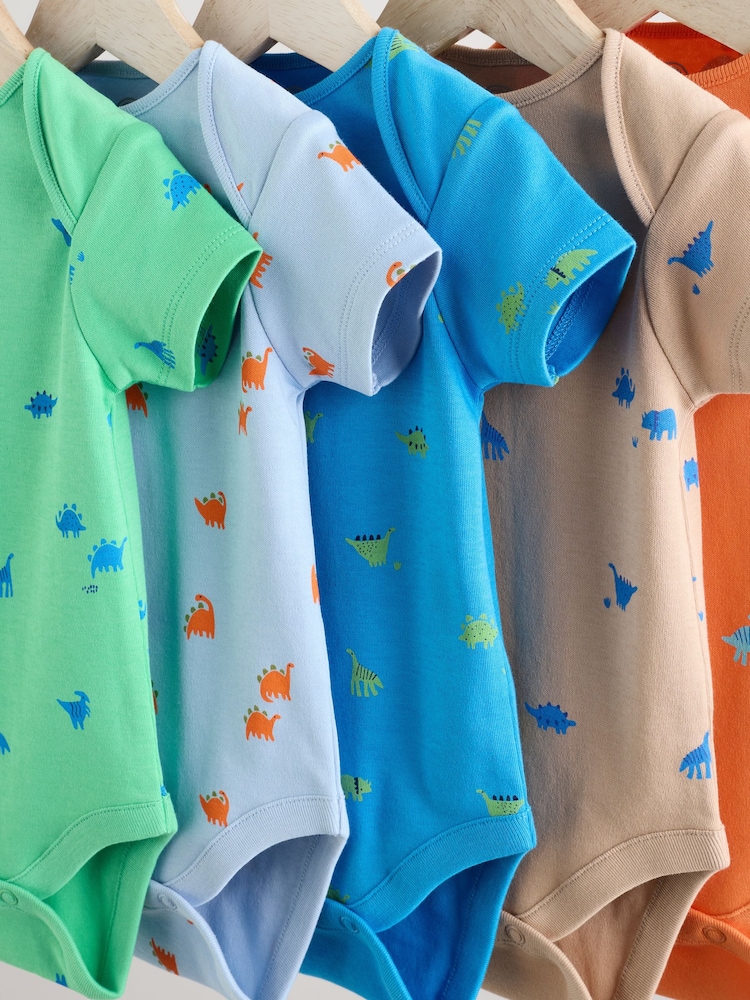 Blue/Green/Red Dinosaur Print Short Sleeve Baby Bodysuits 5 Pack - Image 9 of 13