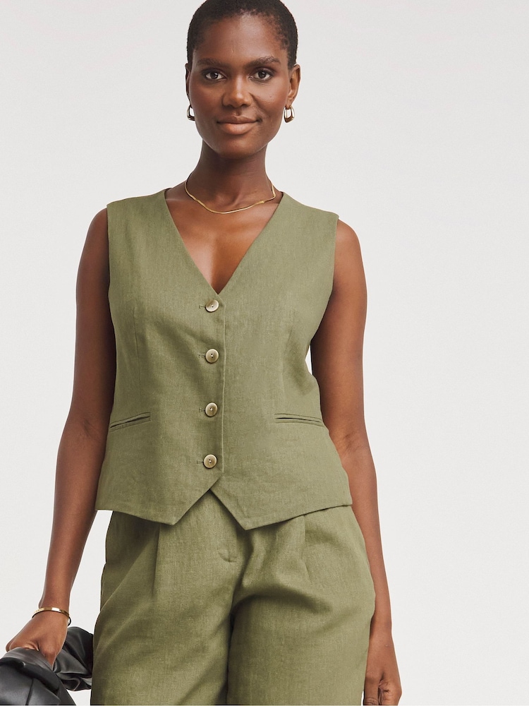 JD Williams Green Linen Button Front Waistcoat - Image 1 of 4 JD Williams Green Linen Button Front Waistcoat - Image 1 of 4