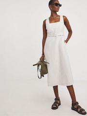 JD Williams White Pinstripe Linen Pinafore Dress With Detachable Belt - Image 1 of 4