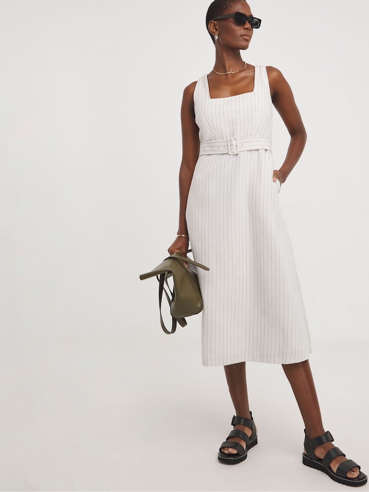 JD Williams White Pinstripe Linen Pinafore Dress With Detachable Belt - Image 1 of 4
