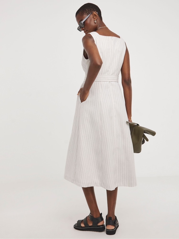 JD Williams White Pinstripe Linen Pinafore Dress With Detachable Belt - Image 2 of 4