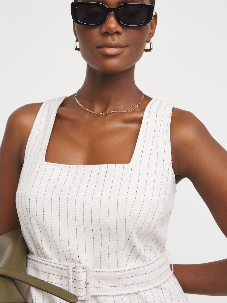 JD Williams White Pinstripe Linen Pinafore Dress With Detachable Belt - Image 4 of 4
