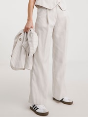 JD Williams White Pinstripe Linen Wide Leg Trousers - Image 4 of 4