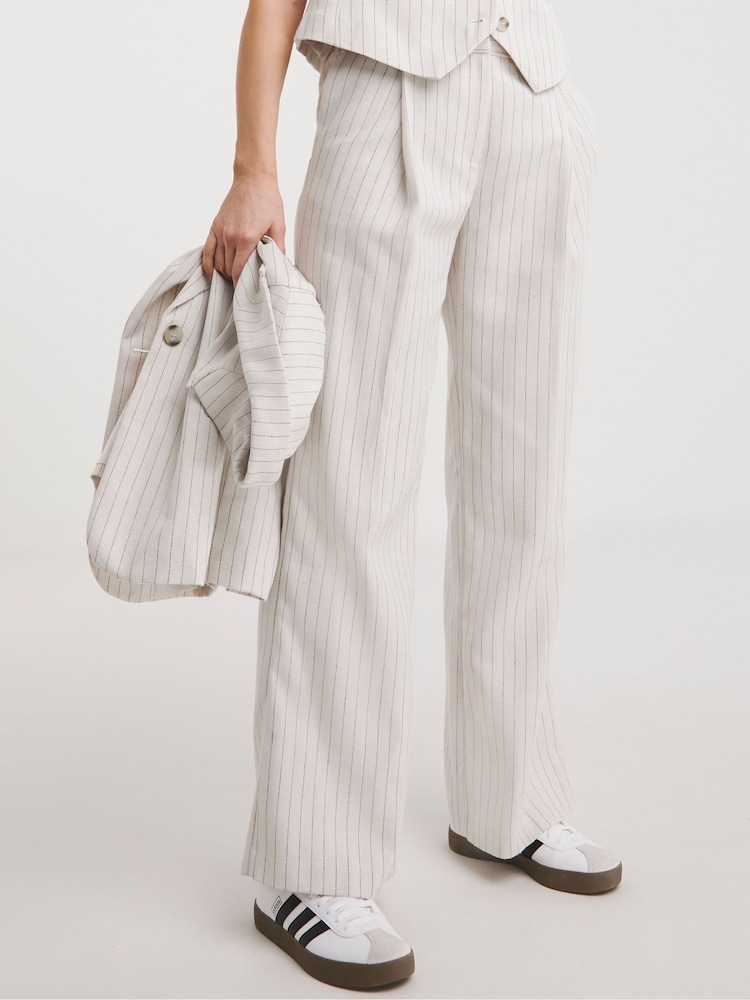 JD Williams White Pinstripe Linen Wide Leg Trousers - Image 4 of 4