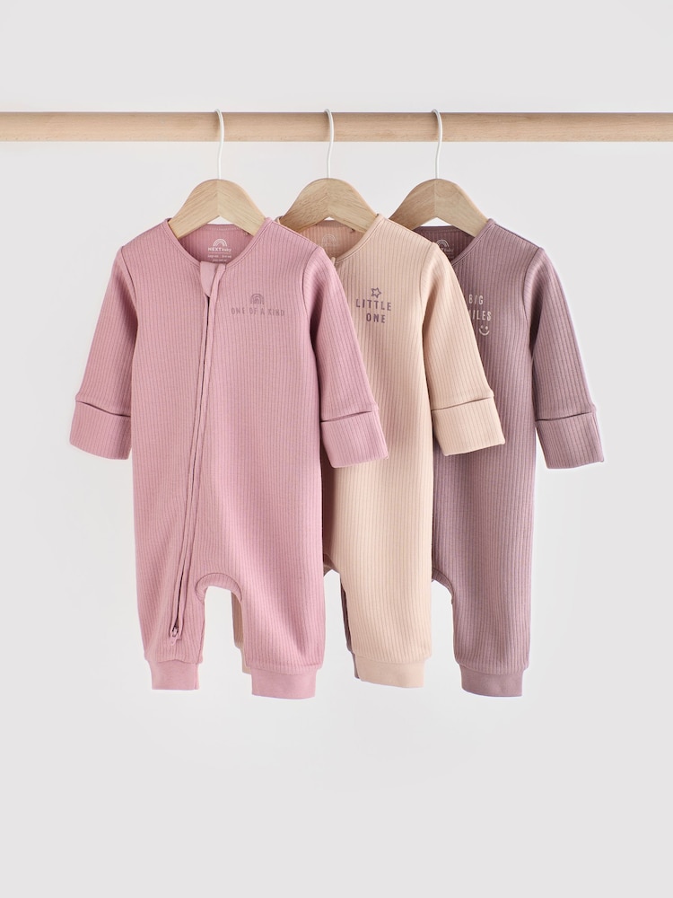 Pink/Purple 100% Cotton Two Way Zip Baby Sleepsuit 3 Pack (0mths-3yrs) - Image 1 of 12