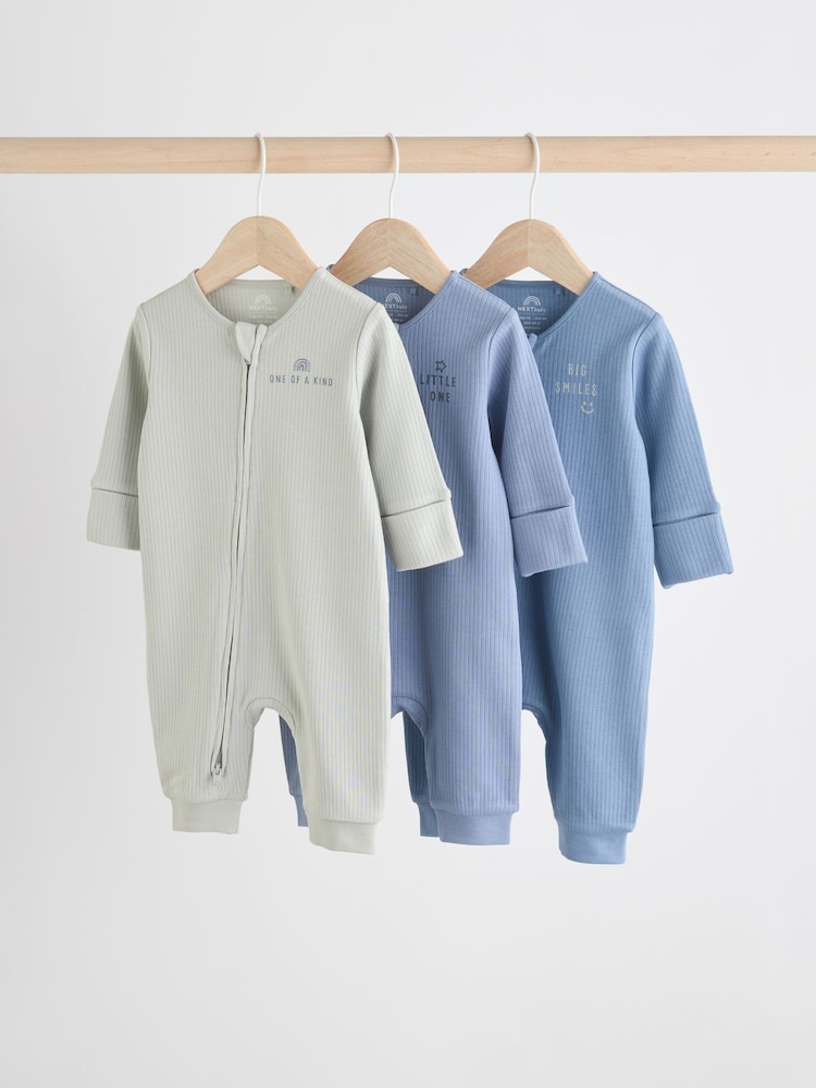 Blue Slogan Baby Zip Sleepsuits 3 Pack (0mths-2yrs) - Image 1 of 10