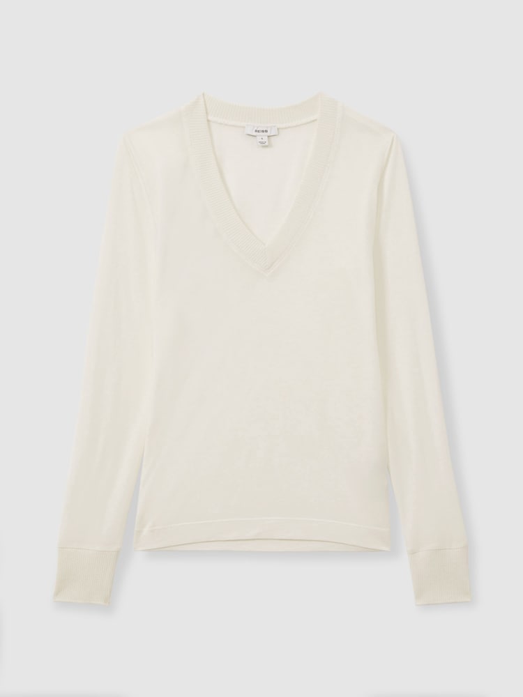 Reiss Cream Evelyn Lyocell-Wool Marled V-Neck Top - Image 2 of 7