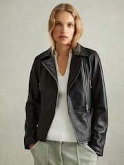 Reiss Black Febe Belted Leather Jacket - Image 1 of 7