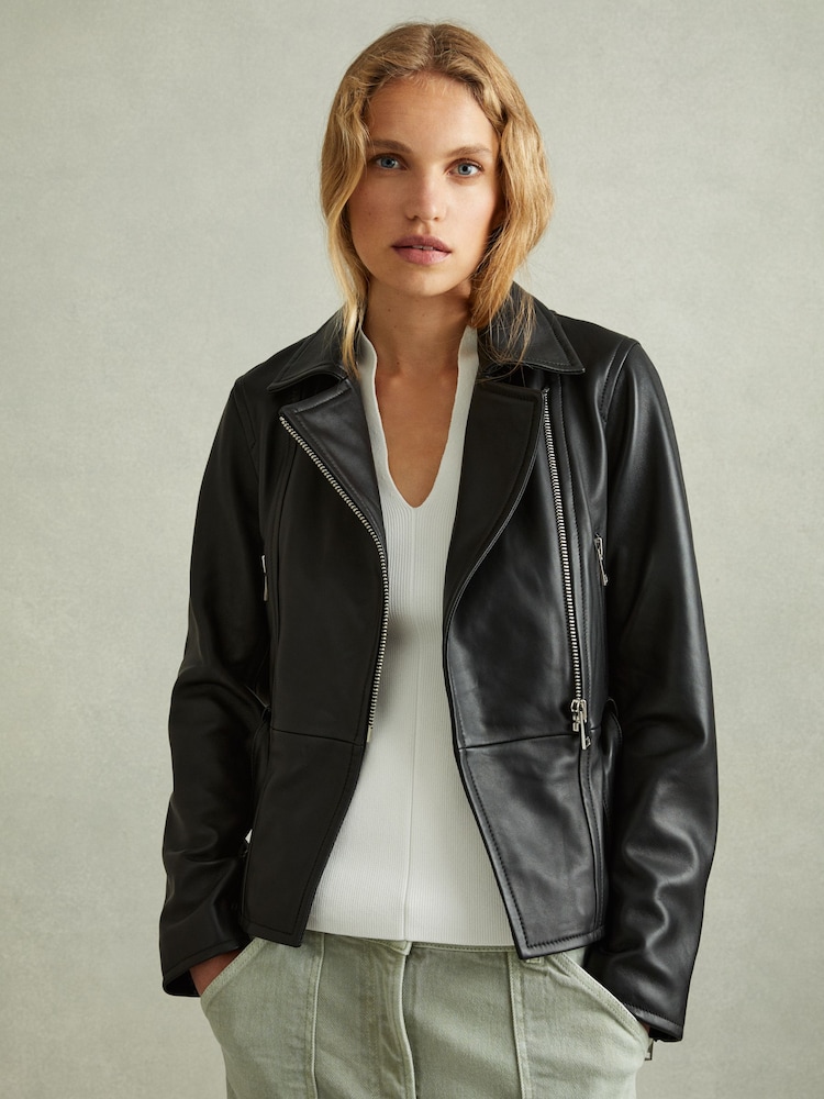 Reiss Black Febe Belted Leather Jacket - Image 1 of 7
