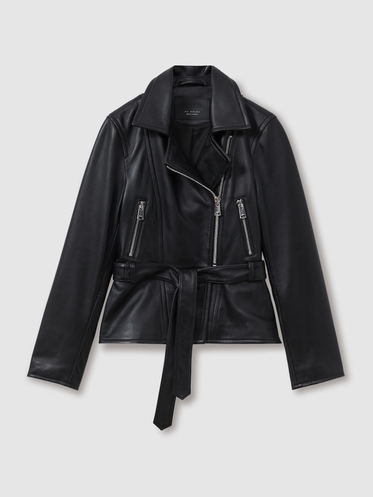 Reiss Black Febe Belted Leather Jacket - Image 2 of 7
