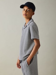 Reiss Navy Jono 9-13 yrs Zig-Zag Cuban Collar Shirt - Image 1 of 4