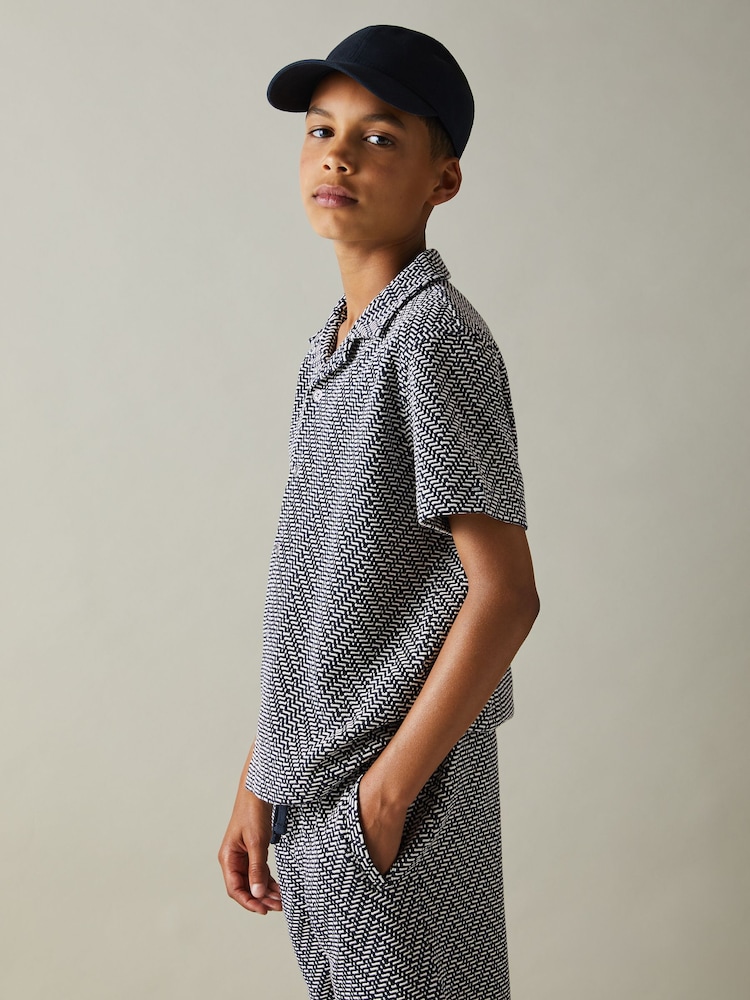 Reiss Navy Jono 9-13 yrs Zig-Zag Cuban Collar Shirt - Image 1 of 4