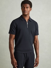 Reiss Navy Albany Textured Zip-Neck Polo Shirt - Image 1 of 5