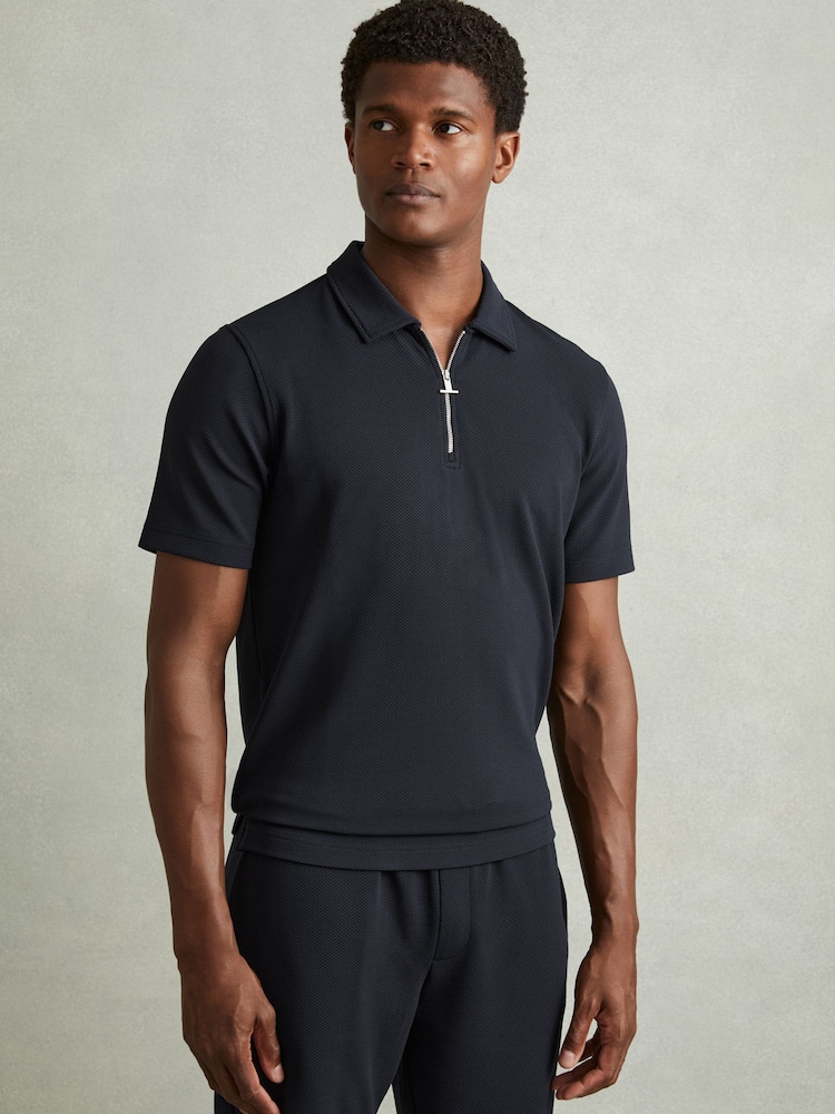 Reiss Navy Albany Textured Zip-Neck Polo Shirt - Image 1 of 5