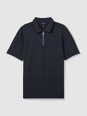 Reiss Navy Albany Textured Zip-Neck Polo Shirt - Image 2 of 5