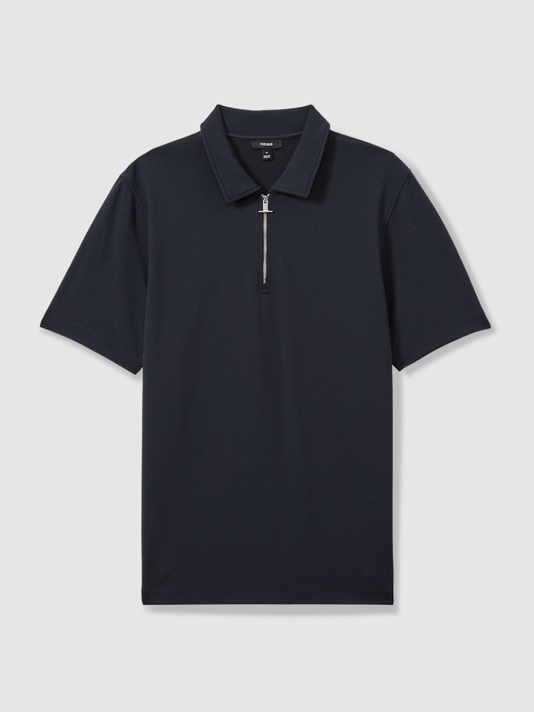Reiss Navy Albany Textured Zip-Neck Polo Shirt - Image 2 of 5