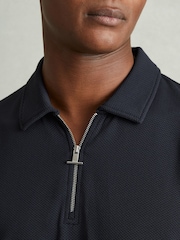Reiss Navy Albany Textured Zip-Neck Polo Shirt - Image 3 of 5