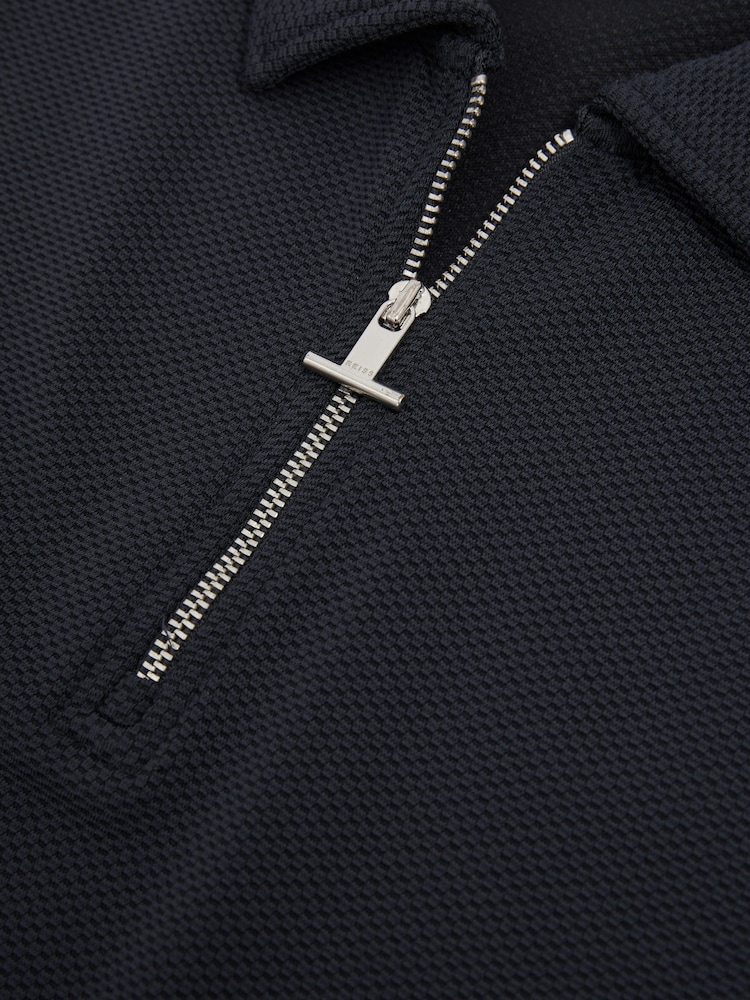 Reiss Navy Albany Textured Zip-Neck Polo Shirt - Image 5 of 5