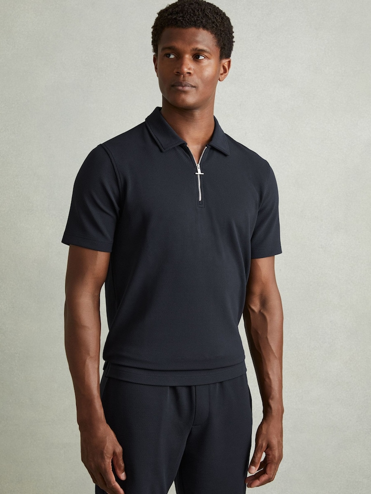 Reiss Navy Albany Textured Zip-Neck Polo Shirt - Image 6 of 6
