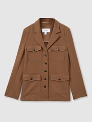 Reiss Dark Camel Jessie Petite Ponte Button-Through Overshirt - Image 2 of 7