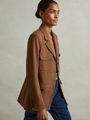 Reiss Dark Camel Jessie Petite Ponte Button-Through Overshirt - Image 3 of 7