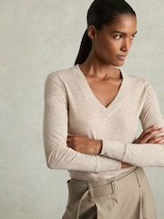 Reiss Stone Evelyn Lyocell-Wool Marled V-Neck Top - Image 1 of 7
