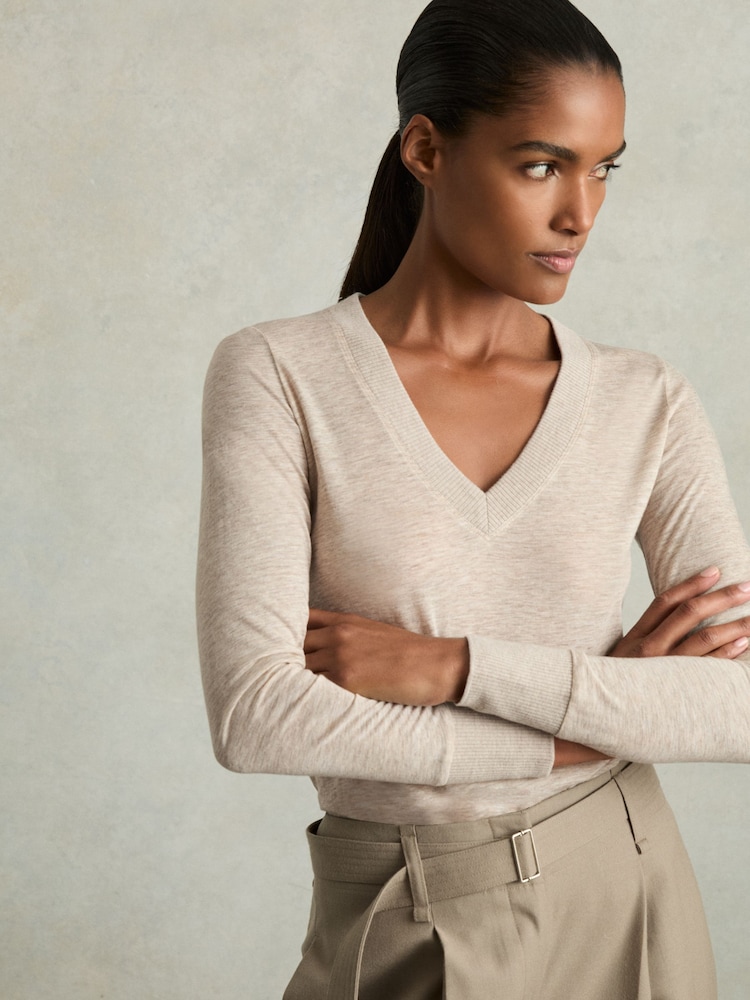 Reiss Stone Evelyn Lyocell-Wool Marled V-Neck Top - Image 1 of 7