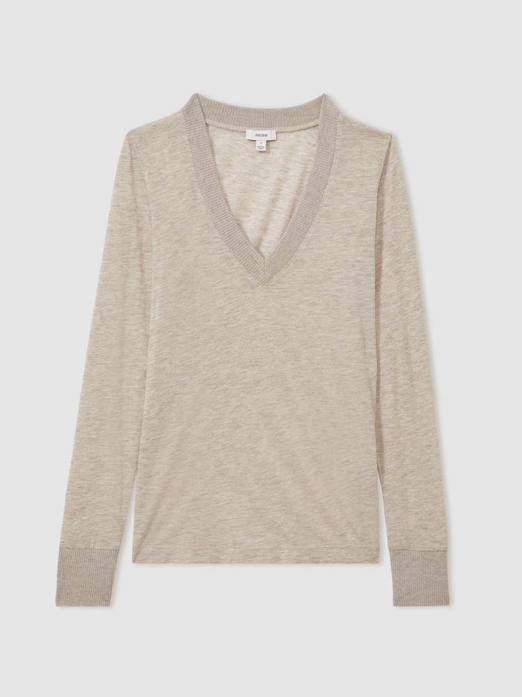 Reiss Stone Evelyn Lyocell-Wool Marled V-Neck Top - Image 2 of 7