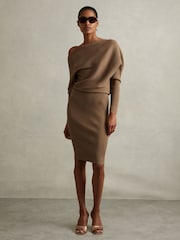 Reiss Mink Lara Off-The-Shoulder Ribbed Midi Dress - Image 1 of 5