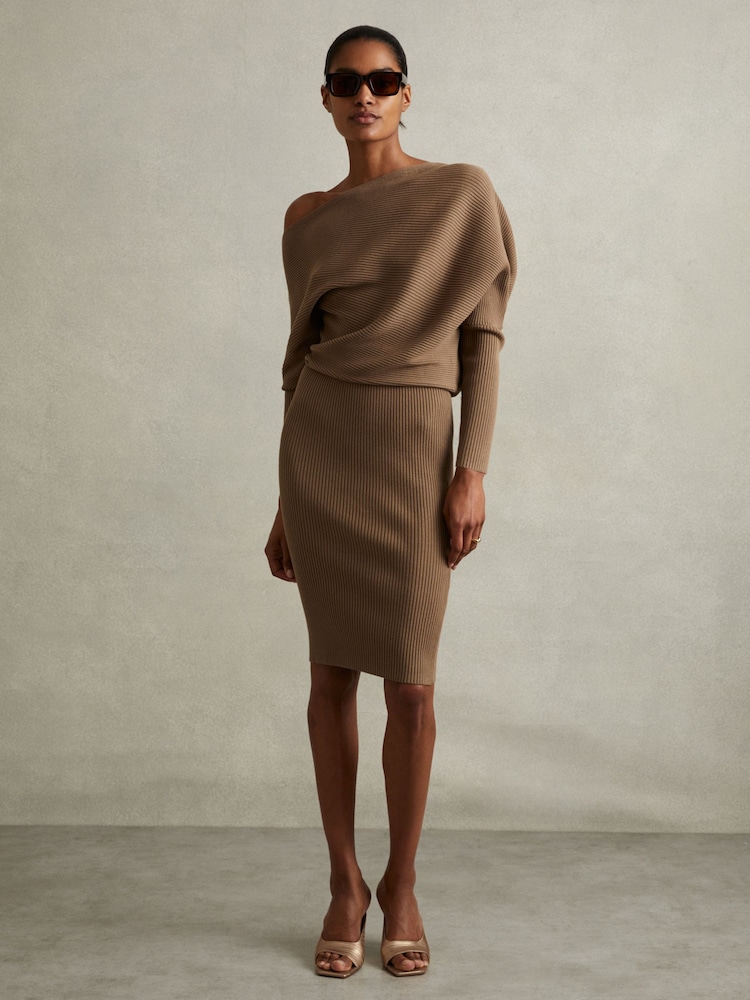 Reiss Mink Lara Off-The-Shoulder Ribbed Midi Dress - Image 1 of 5