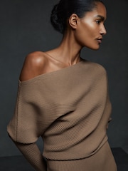 Reiss Mink Lara Off-The-Shoulder Ribbed Midi Dress - Image 3 of 5