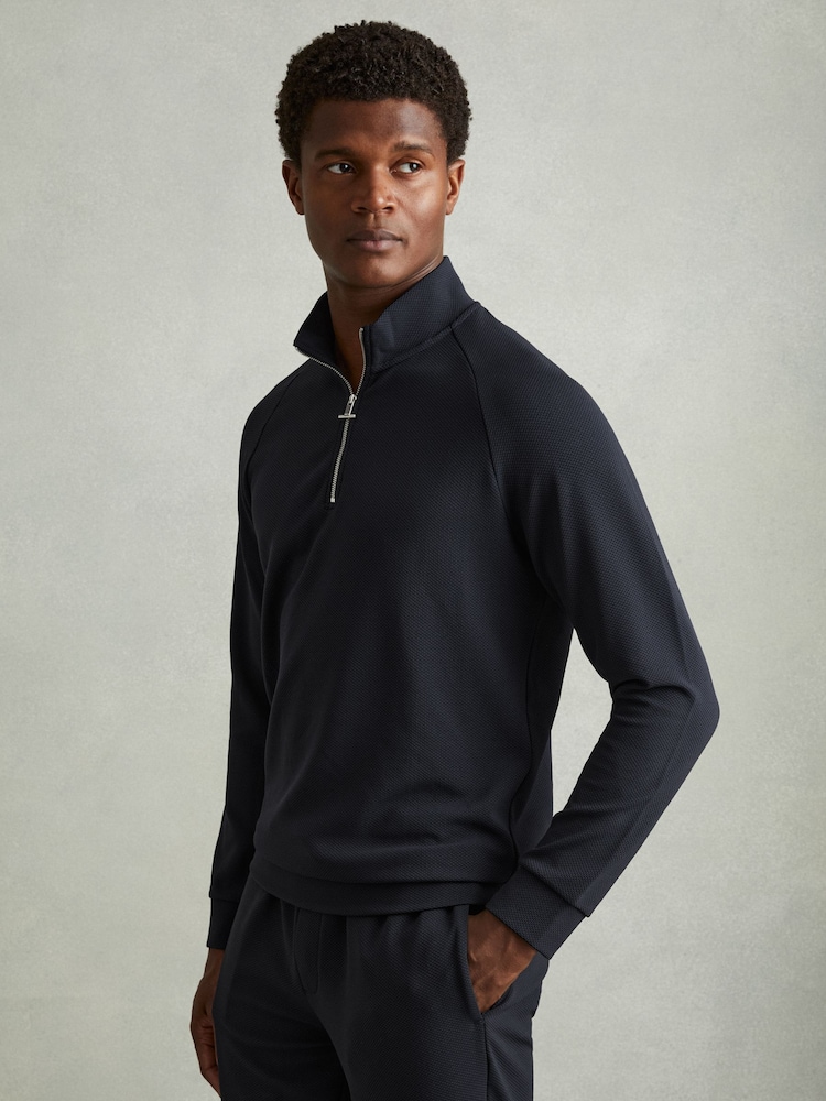 Reiss Navy Illinois Textured Half-Zip Funnel-Neck Sweatshirt - Image 1 of 6