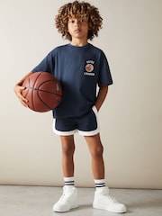 Reiss Washed Navy Kirby Junior Oversized Cotton Basketball Motif T-Shirt - Image 1 of 1