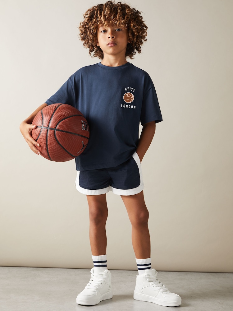 Reiss Washed Navy Kirby Junior Oversized Cotton Basketball Motif T-Shirt - Image 1 of 5 Reiss Washed Navy Kirby Junior Oversized Cotton Basketball Motif T-Shirt - Image 1 of 5