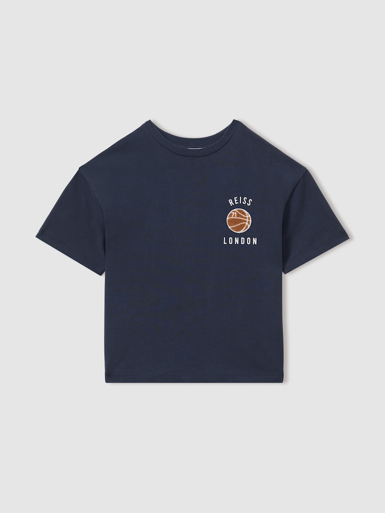 Reiss Washed Navy Kirby Junior Oversized Cotton Basketball Motif T-Shirt - Image 2 of 5 Reiss Washed Navy Kirby Junior Oversized Cotton Basketball Motif T-Shirt - Image 2 of 5