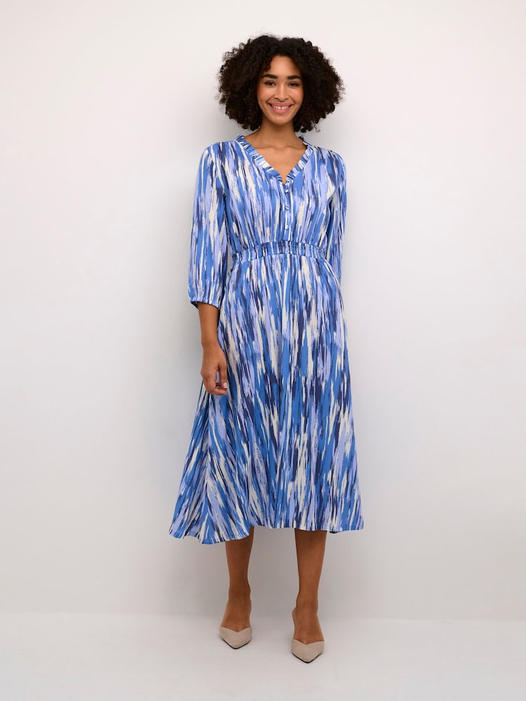 Kaffe Ariana V-Neck 3/4 Sleeve Blue Maxi Dress - Image 1 of 5