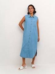 Kaffe Blue Louise 100% Cotton Denim Sleeveless Shirt Dress - Image 1 of 5