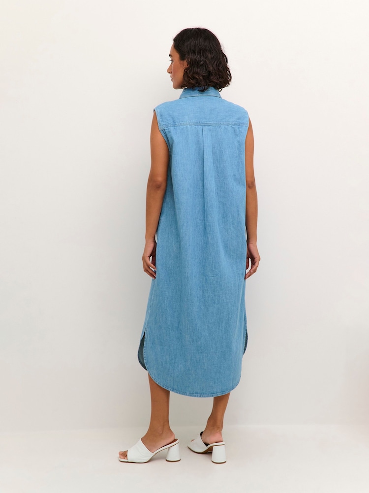 Kaffe Blue Louise 100% Cotton Denim Sleeveless Shirt Dress - Image 2 of 5
