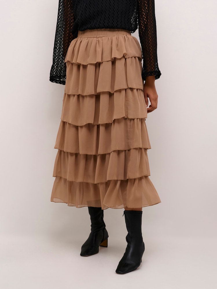 Kaffe Juliane Layered Tiers Brown Maxi Skirt - Image 1 of 6 Kaffe Juliane Layered Tiers Brown Maxi Skirt - Image 1 of 6