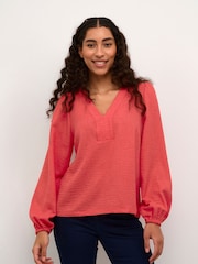 Kaffe Red Elise V-Neck Long Sleeve Blouse - Image 1 of 6