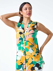 Roman Green Floral Print Sleeveless Button Blouse - Image 1 of 5