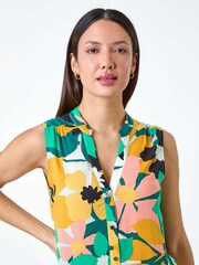 Roman Green Floral Print Sleeveless Button Blouse - Image 5 of 5