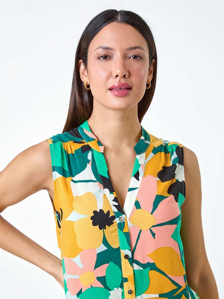 Roman Green Floral Print Sleeveless Button Blouse - Image 5 of 5