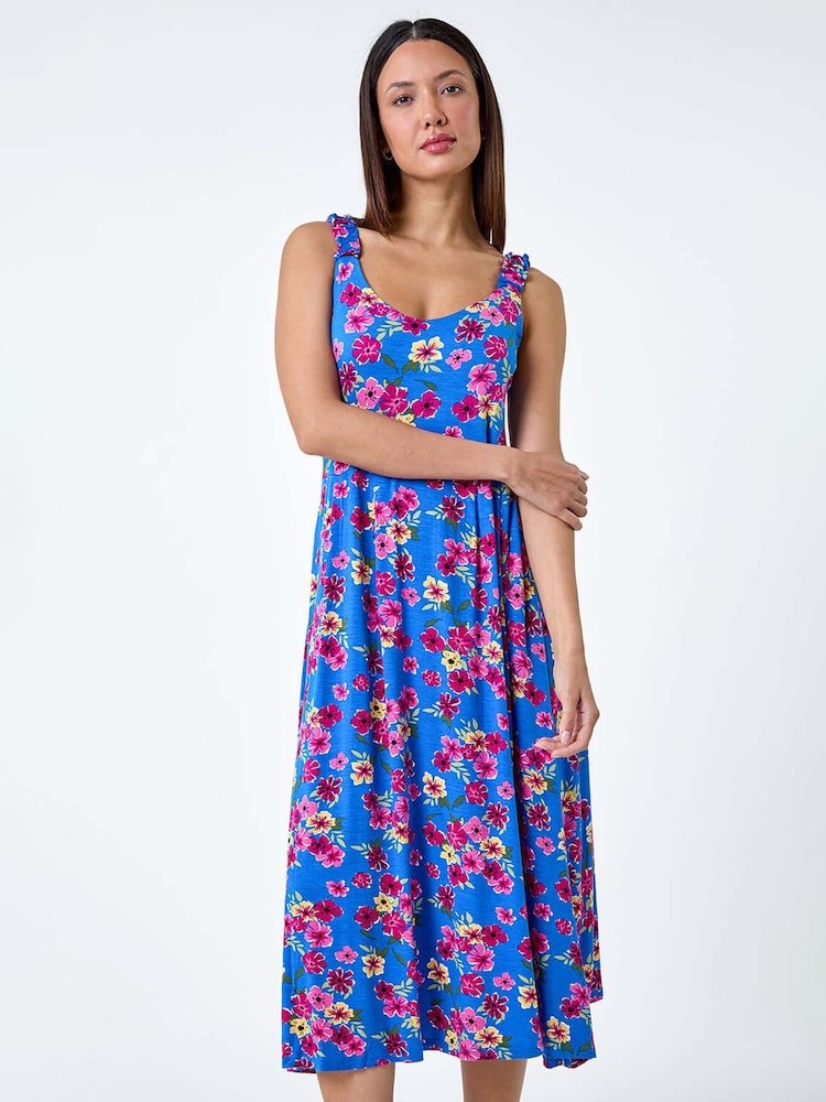 Roman Blue Floral Shirred Strap Midi Dress - Image 1 of 5