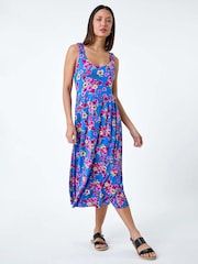 Roman Blue Floral Shirred Strap Midi Dress - Image 3 of 5