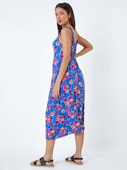 Roman Blue Floral Shirred Strap Midi Dress - Image 4 of 5