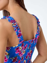 Roman Blue Floral Shirred Strap Midi Dress - Image 5 of 5