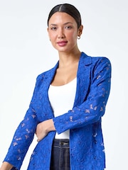 Roman Blue Cotton Blend Floral Lace Jacket - Image 1 of 5