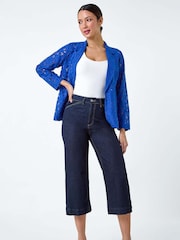 Roman Blue Cotton Blend Floral Lace Jacket - Image 2 of 5